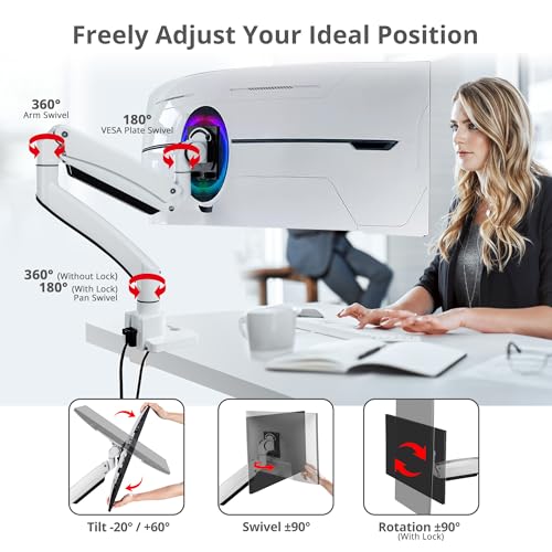SIIG Heavy-Duty Monitor Arm, 17"-57", 59.5 lbs, USB-C 100W, CE-MT3Z11-S1 | Mount a 17"-57" ultrawide monitor up to 59.5 lbs; top C-clamp or grommet mounting and USB-C 100W fit heavy-duty desks.