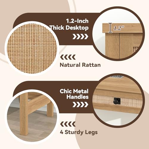 YOMILUVE Rattan Computer Desk with 2 Drawers, 39 Inch Small Desk with Power Outlets, Farmhouse Boho Vanity Desks, Compact Writing Study Table for Small Spaces, Oak - color: Oak