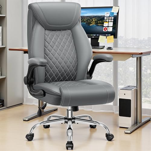 BestGlory Executive Office Chair with Lumbar Support, Big and Tall Ergonomic Computer Desk Chair, Leather Comfy High Back Gaming Chair with Flip Up Arms & Rocking Function for Home Office, Gray - color: Grey, size: 4 Pack