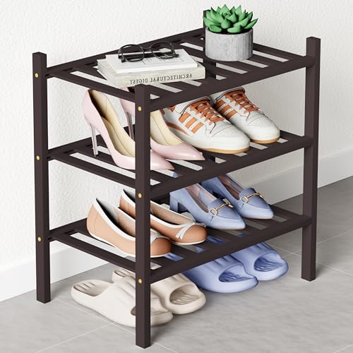 Smiry Bamboo Shoe Rack for Closet, 3 Tier - 17.32" Wide, Brown | Stackable Wooden Shoe Organizer, Wood Shoe Storage Shelf for Entryway, 8 Vertical Slats, Reinforced Legs - color: Brown, size: 3 Tier - 17.32" Wide