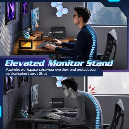 DEVAISE 60 Inch L Shaped Gaming Desk with LED Lights, Rustic Brown | Steel frame and engineered wood desktop with 2 AC outlets, 2 USB ports, monitor stand, and shelves for gaming setups - size: 60 Inch