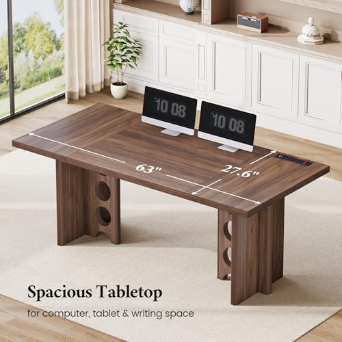 63 Inch Executive Desk with Power Outlet, Modern Computer Office Desks, Large Laptop Desk Writing Table Workstation Business Furniture for Home Office, Brown - color: Brown