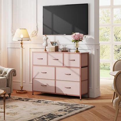 WLIVE 7 Drawer Dresser TV Stand, Entertainment Center, Media Console Table with Metal Frame and Wood Top for TV up to 45 inch, Chest of Drawers for Bedroom, Living Room, Pink - color: Pink