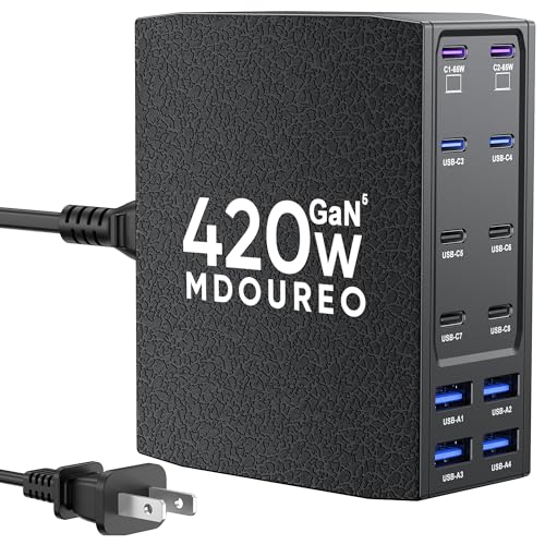 420W USB C Charger Block, 12-Port USB C Charging Station for Multiple Devices, Leather Texture Dual PD 65W Laptop Fast Charger Compatible with MacBook Pro/Air, iPad, iPhone,Galaxy and More, Black - color: Black, size: 4 feet