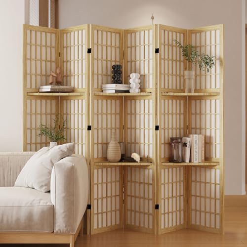 Room Divider with Shelves, 66.9-Inch Tall Japanese Shoji Style Wood Screen with Double Hinges for Home Office Bedroom Hotel Decoration (6 Panels, Natural) - color: Natural - Shelves, size: 6 Panels