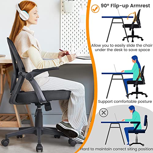 Yaheetech Mid-Back Mesh Task Office Desk Chair with Flip-up Arms, Black | Breathable mesh back and foam-padded seat for all-day comfort; sturdy metal frame, height adjustable, and easy to assemble - color: Black, style: Contemporary