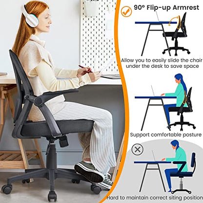 Yaheetech Mid-Back Mesh Task Office Desk Chair with Flip-up Arms, Black | Breathable mesh back and foam-padded seat for all-day comfort; sturdy metal frame, height adjustable, and easy to assemble - color: Black, style: Contemporary