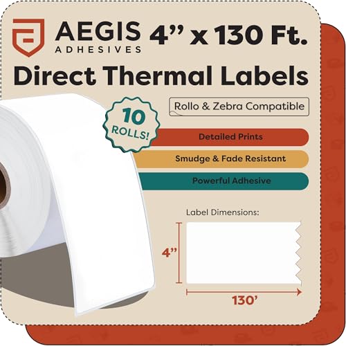 4" X 130 ft Direct Thermal Continuous Feed Labels (10 Rolls) | Cut-to-Length Labels for Shipping and Warehouse Workflows - 1" Core Compatible With Zebra and Rollo Printers - size: 4" X 130'