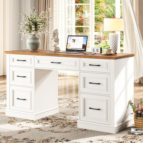 Vabches Farmhouse 59'' Executive Desk with File Drawers, Antique White - color: Antique White, size: 59" W