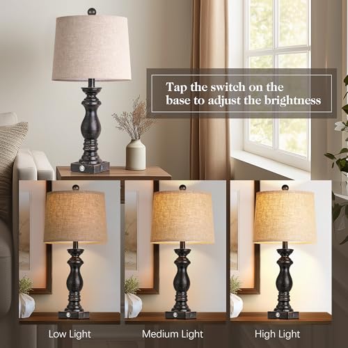 24.5" Table Lamp Set of 2, Rustic Farmhouse Bedside Lamps with USB A+C Charging Ports, 3-Way Dimmable Touch Control Nightstand Lamps for Living Room Bedroom, Antique Black, LED Bulbs Included - color: Antique Black