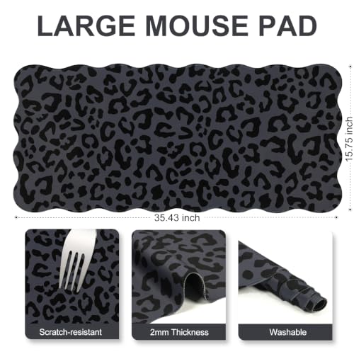 L-SPOUTTO Black Leopard Mouse Pad, Scalloped Desk Mat XXL Gaming Mousepad | Cheetah Gaming Mousepad,35.4x15.7in Non-Slip Base Keyboard Pad Waterproof Desktop Mat for Laptop Computer Game Home Office - color: Black Leopard