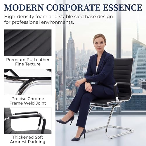 Conference Room Chairs Set of 4, Waiting Room Chairs with Arms, Faux Leather Reception Chairs No Wheels, Office Guest Chairs with Mid Back Support and Chrome Sled Base, Black - color: Black, size: 4PCS
