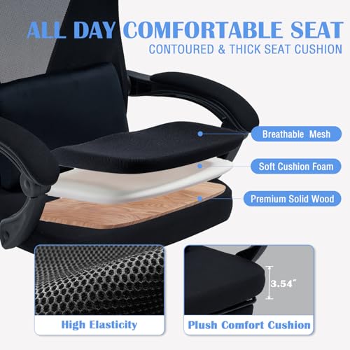 Ergonomic Office Chair with Footrest - Adjustable Lumbar Support & 3D Headrest, 90-160° Reclining Mesh High-Back Rolling Work Swivel Computer Chair-400lbs Capacity - color: Dark Black