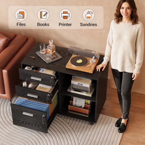 DEVAISE 3-Drawer File Cabinet with Lock, Mobile Wood Filing Cabinet, Black | Rolling Printer Stand, Office Cabinet, Open Storage Shelves, Letter & A4 Compatible, Home Office, Under Desk Storage - color: Black