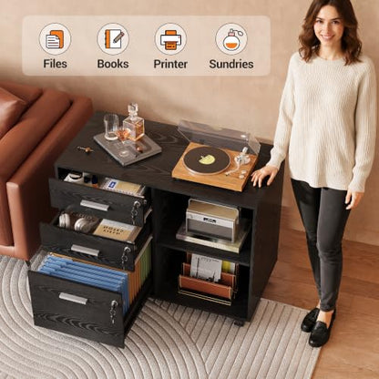 DEVAISE 3-Drawer File Cabinet with Lock, Mobile Wood Filing Cabinet, Black | Rolling Printer Stand, Office Cabinet, Open Storage Shelves, Letter & A4 Compatible, Home Office, Under Desk Storage - color: Black
