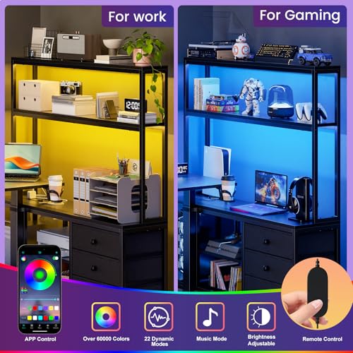 REAHOME 65Inch Black L Shaped Standing Desk with Drawers and Hutch | Charging Station, RGB LED lights, Reversible Desk, File Drawer& Storage Cabinet for home office, Dual Motor Sit Stand Frame - color: Black