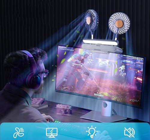 USB Monitor Clip on Fan Deepsea Blue | Flip-Open LED Light Bar, Two-Head Personal Cooling, 3 Wind Speeds, For Flat & Curved Monitors - color: Deepsea Blue