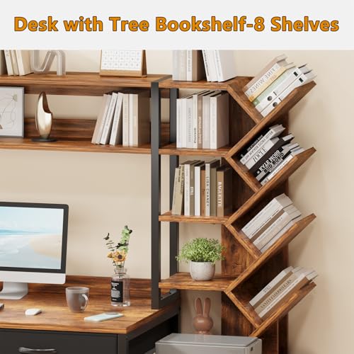 YOMILUVE 52" Computer Desk with Bookshelf, 5 Drawers ＆ Hutch for Bedroom | Office Desk with Printer Shelf, Study Writing Desk with Storage Shelves, Rustic Brown - color: Rustic Brown
