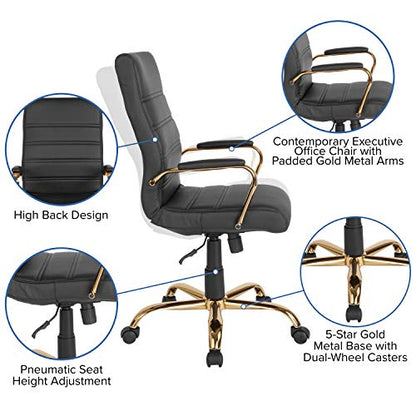 Flash Furniture High Back LeatherSoft Executive Office Chair, Black/Gold | 360° Swivel, Height Adjustable, Commercial Grade - color: Black Leathersoft/Gold Frame
