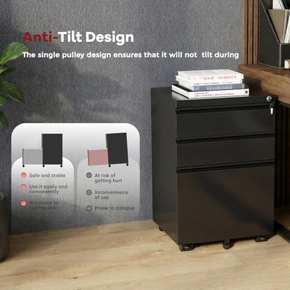 Bonusall 【Fully Assembled 3 Drawer File Cabinet with Lock, Small Under Desk Filing Cabinet for Home Office, Fully Assembled Metal Rolling Storage Fits A4/Letter/Legal, Black