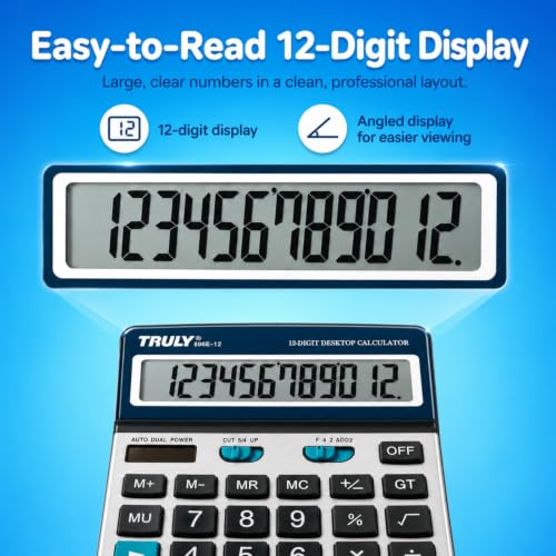 TRULY 12-Digit Desktop Calculator, 5.3-Inch Easy-to-Read Display, Big Concave Buttons, Brushed Metal Finish, Dual Power, Business Calculator for Office, School & Home, 896E - style: 896E