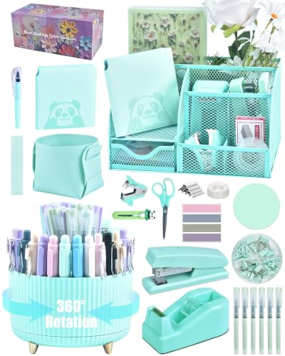 Green Desk Accessories and Organizers with Desk Organizer and 360°Rotating Pen Holder stapler Pen and a Lot of Office Green Office Supplies Beautifully Presented in a Gift Box - color: Green