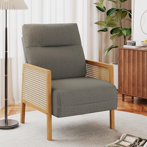Andeworld Taupe Accent Chairs,Upholstered Modern Living Room Chairs with Natural Rattan Arm, Side Chair for Bedroom Club Balcony Reception Room - color: Taupe, size: 1