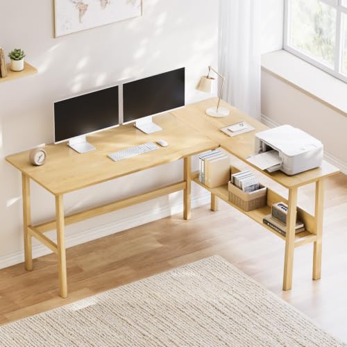 NELYE 63" Reversible L Shaped Desk with Shelf for Home Office, Oak | Fits Corner Spaces, Trapezoid Oak Legs & Reinforced Corners Reduce Wobble, Holds 330 Lbs, Suitable for Working and Studying - color: Oak, size: 63 inches
