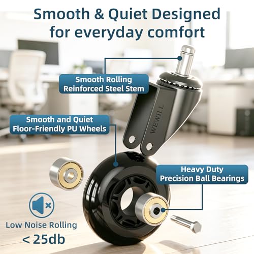 WEWILL Office Chair Wheels - Rubber Casters Replacement Universal Fit 98% Chair(Set of 5) Heavy Duty 3 Inch Smoothly & Quietly Safe for All Floor, Hardwood, Tile, Carpet, Noise Free - Black - color: Black