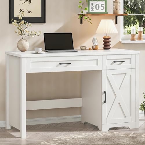 Halitaa Executive Desk with Storage Cabinet, Cream White | Farmhouse 47" Computer Desk with Drawers, Workspace for Home Office and Study - color: Cream White, size: 47''W with Drawers