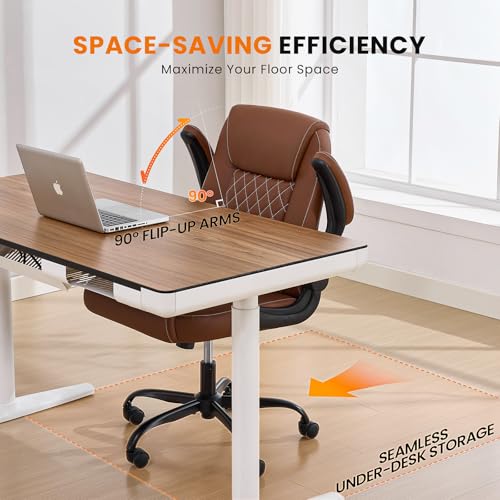 Executive Office Chair with Lumbar Support & Flip-up Arms, Brown | Ergonomic Desk Chair, 90–115° Tilt & Rocking, 20.1" Wide Seat, PU Leather, for Home Offices & Conference Rooms, 300Lbs - color: Brown