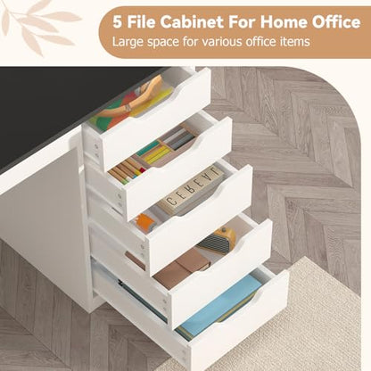 47 Inch Computer Desk with 5 Drawers and Power Outlets for Small Spaces - color: Black and White, size: 47inch-5drawers