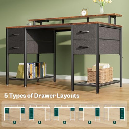 Huuger 55 inch Computer Desk with Power Outlets & 4 Drawers - color: Rustic Brown, size: 55 Inch