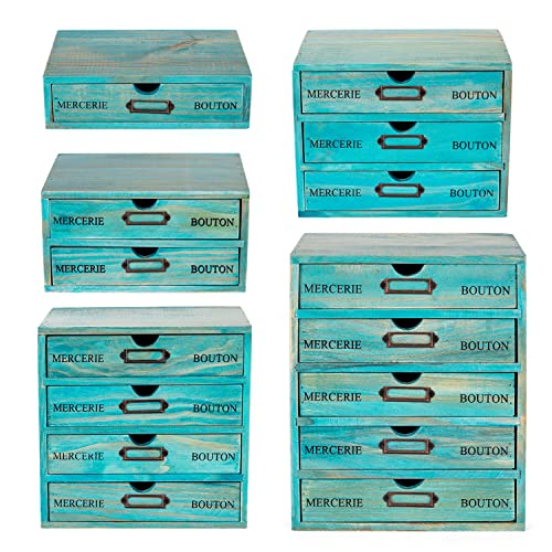 5-piece Full Matching Set Turquoise Wooden Cabinets,European Country Style Desk Organizer Boxes,Multi-level Teal Wooden Stackable Drawers,Countertop Organizer Drawers w/ Label Holder,Desktop Chests - style: Matching set I All 5 styles