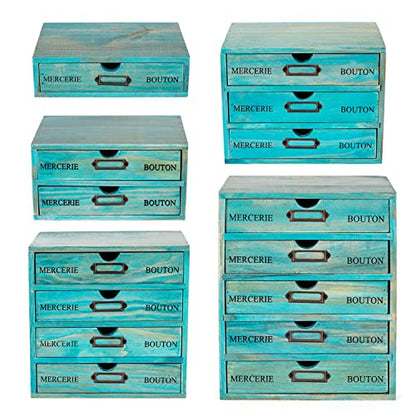 5-piece Full Matching Set Turquoise Wooden Cabinets,European Country Style Desk Organizer Boxes,Multi-level Teal Wooden Stackable Drawers,Countertop Organizer Drawers w/ Label Holder,Desktop Chests - style: Matching set I All 5 styles