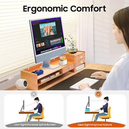 Wood Computer Monitor Stand, Computer Rack with Adjustable Desktop Storage Organizer and Drawer, Tabletop Monitor Stand for Computer Printer Cellphone
