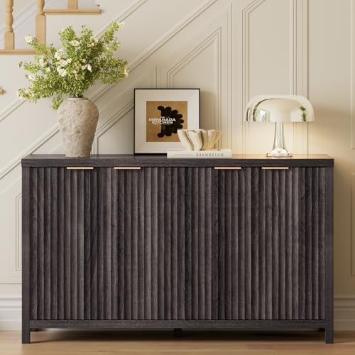 OAKHAM HOME Buffet Cabinet 56" Black Oak | Fluted Sideboard, Adjustable Shelves, 4 Doors, Modern Storage Credenza - color: Black Oak, size: 15.4"D x 55.5"W x 32.8"H