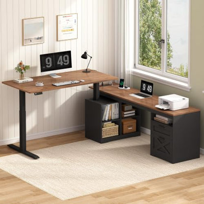 YOMILUVE Farmhouse L Shaped Standing Desk, 66 inch Corner Electric Standing Desk with Drawers ＆ Storage Shelves, Height Adjustable Computer Desk with Power Outlets for Home Office (Black and Brown) | Corner Electric Standing Desk with Drawers ＆ Storage Sh
