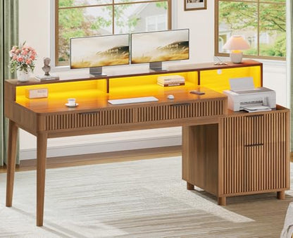 SEDETA Modern Office Desk with 4 Drawers, 59" Fluted Gaming Computer Desk with Storage, LED Lights and Power Strip, Wood Writing Desk Study Table for Home Office, Living Room, Bedroom, Brown - color: Brown