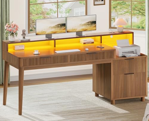 SEDETA Modern Office Desk with 4 Drawers, 59" Fluted Gaming Computer Desk with Storage, LED Lights and Power Strip, Wood Writing Desk Study Table for Home Office, Living Room, Bedroom, Brown - color: Brown