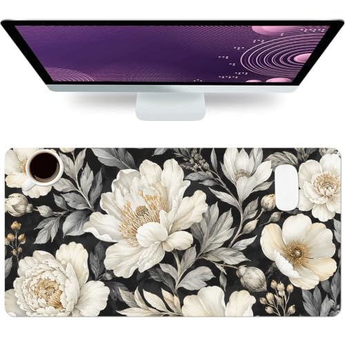 Large Mouse Pad, Black White Flowers Desk Mat for Desktop 23.6" x 11.8" - color: Black White Flowers, size: 23.6" x 11.8"