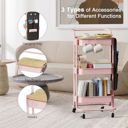 DTK 3-Tier Metal Utility Rolling Cart with Table Top and Side Bags, Art Craft Cart with 4 Hooks for Kitchen, Bathroom, Office, Living Room (Pink) - color: Pink, size: Large