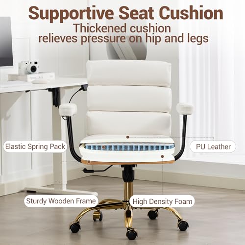 Leather Office Chair with Wheels,Ergonomic Swivel Rolling Task Chair,Padded Seat and Armrests,Adjustable Height Home Desk Chair,Executive Computer Chair, Gold Base Makeup Vanity Chair,White - color: White