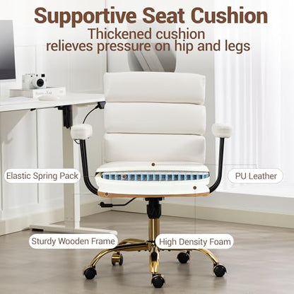 Leather Office Chair with Wheels,Ergonomic Swivel Rolling Task Chair,Padded Seat and Armrests,Adjustable Height Home Desk Chair,Executive Computer Chair, Gold Base Makeup Vanity Chair,White - color: White
