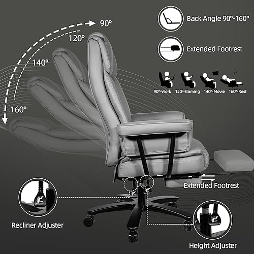Reclining Office Chair with Footrest, Big and Tall Home Office Desk Chairs 400lbs with High Back, Criss Cross Wide Seat, Heavy Duty Base, Pu Leather, Grey - color: Grey