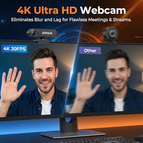AIRHUG 4K UHD USB Webcam No Mic with Privacy Cover, USB Camera | 16MP Sony Sensor, PDAF Fast Focus, 63° Gold FOV, Auto Light Correction, Privacy Cover for Secure Meetings - style: 4K Webcam Without Mic