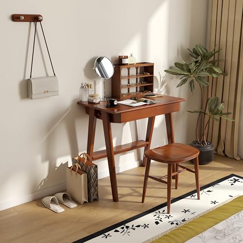 100% Solid Rubber Wood Desk Home Office Desk Mid Century Modern Writing Computer Desk with Drawer for Home Office 31" - color: Teak-rubberwood, size: 31.49"W