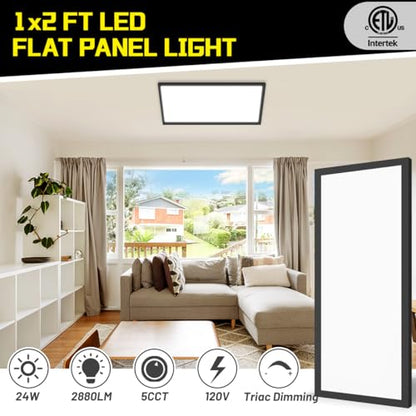 1x2 LED Flat Panel Light Surface Mount 2-Pack, Flush Mount Ceiling Light 24W 2880LM, 5CCT 3000K/3800K/4500K/5200K/6000K, Dimmable Panel Lights Black - color: Black, size: 1Ft. x 2Ft. (2-PACK)