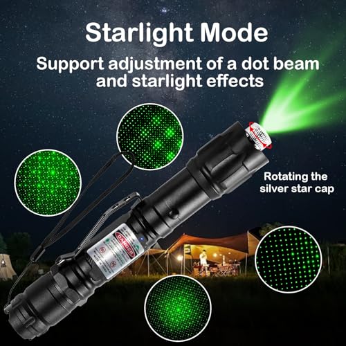 2-Pack Green Laser Pointers, Type-C Rechargeable with Pocket Clips | Single-dot and removable star cap, wrist strap, for outdoor journeys, camping, presentations and TV/LED/LCD screens