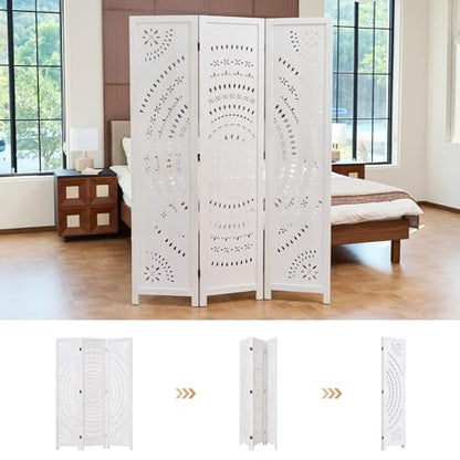 66.9Inch Folding Room Divider, 3 Panels Wood Carved Privacy Screens, Free Assembled Freestanding Partition for Home Office Restaurant Bedroom (White-Washed) - color: White-washed, size: 3 Panels